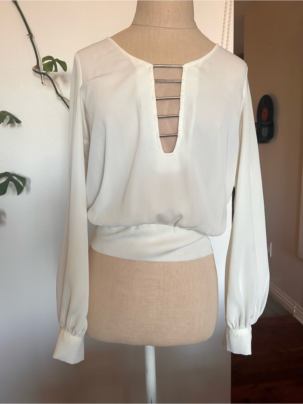 bebe Cream Ladder-Front Long-Sleeve Blouse